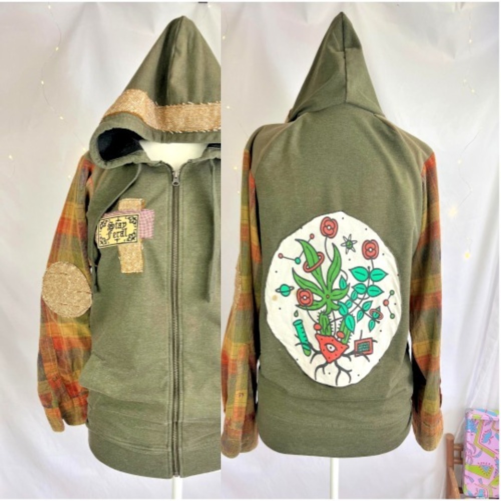 Upcycled Hoodie Sz M Plaid Flannel Sleeves Feral Grunge Forestcore Eclectic Art